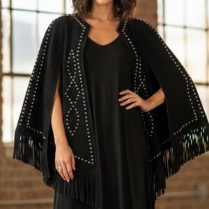 Western & Co. Black Suede Studded Fringe Cape - Genuine Leather